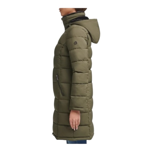 Andrew Marc Ladies' Long Stretch Jacket Olive Green Puffer Coat with Hood Size:L - Picture 2 of 13